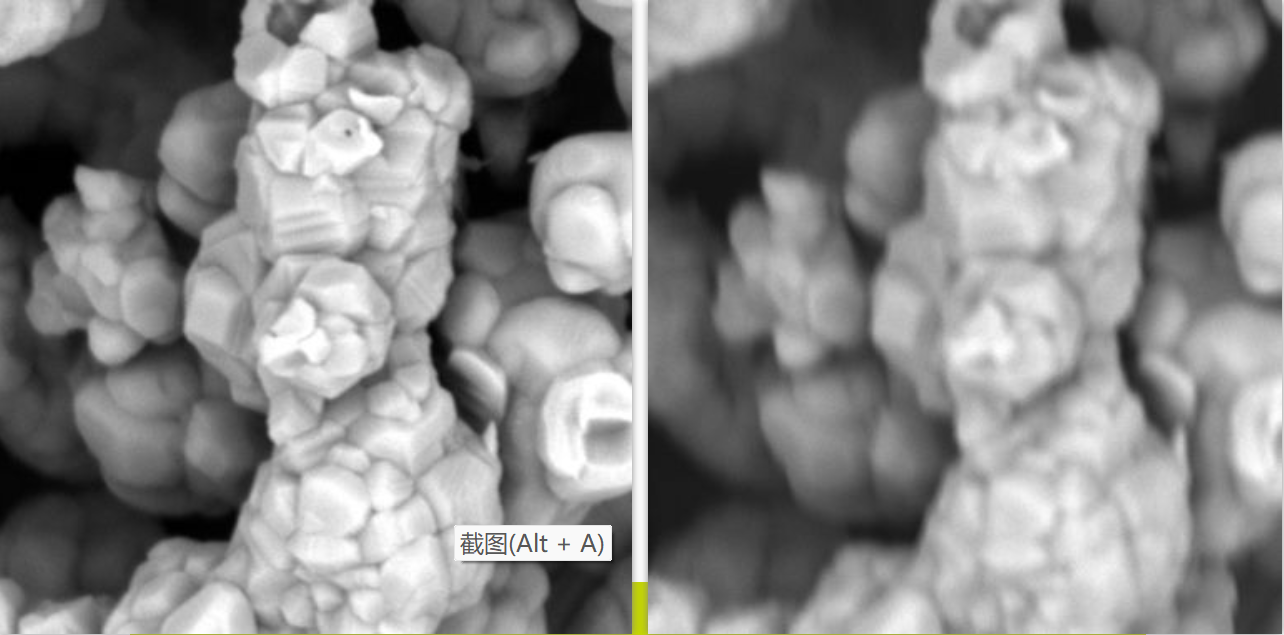 電極材料，掃描電鏡放大倍數(shù) 50000 倍，左邊圖像無像散，右邊圖片有像散