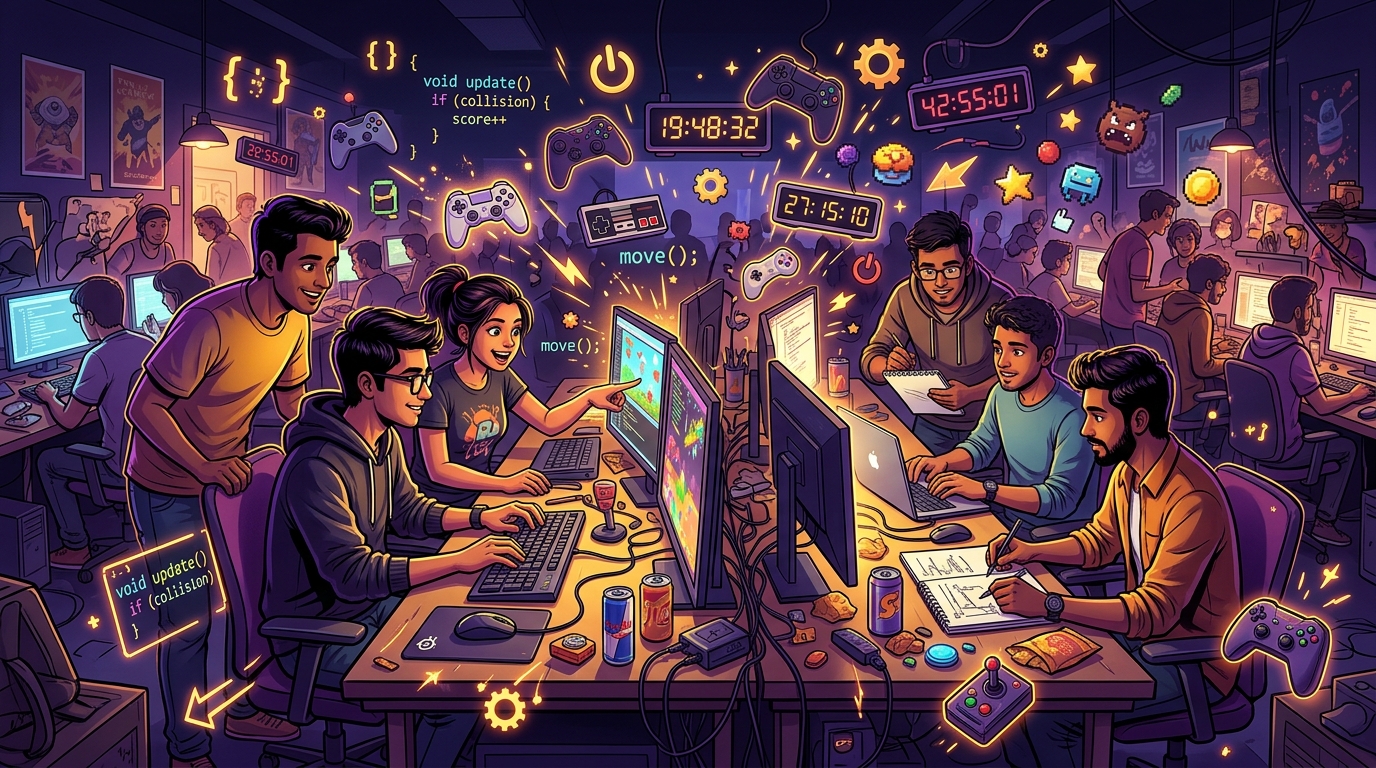 Indian game jam event — developers collaborating on prototypes